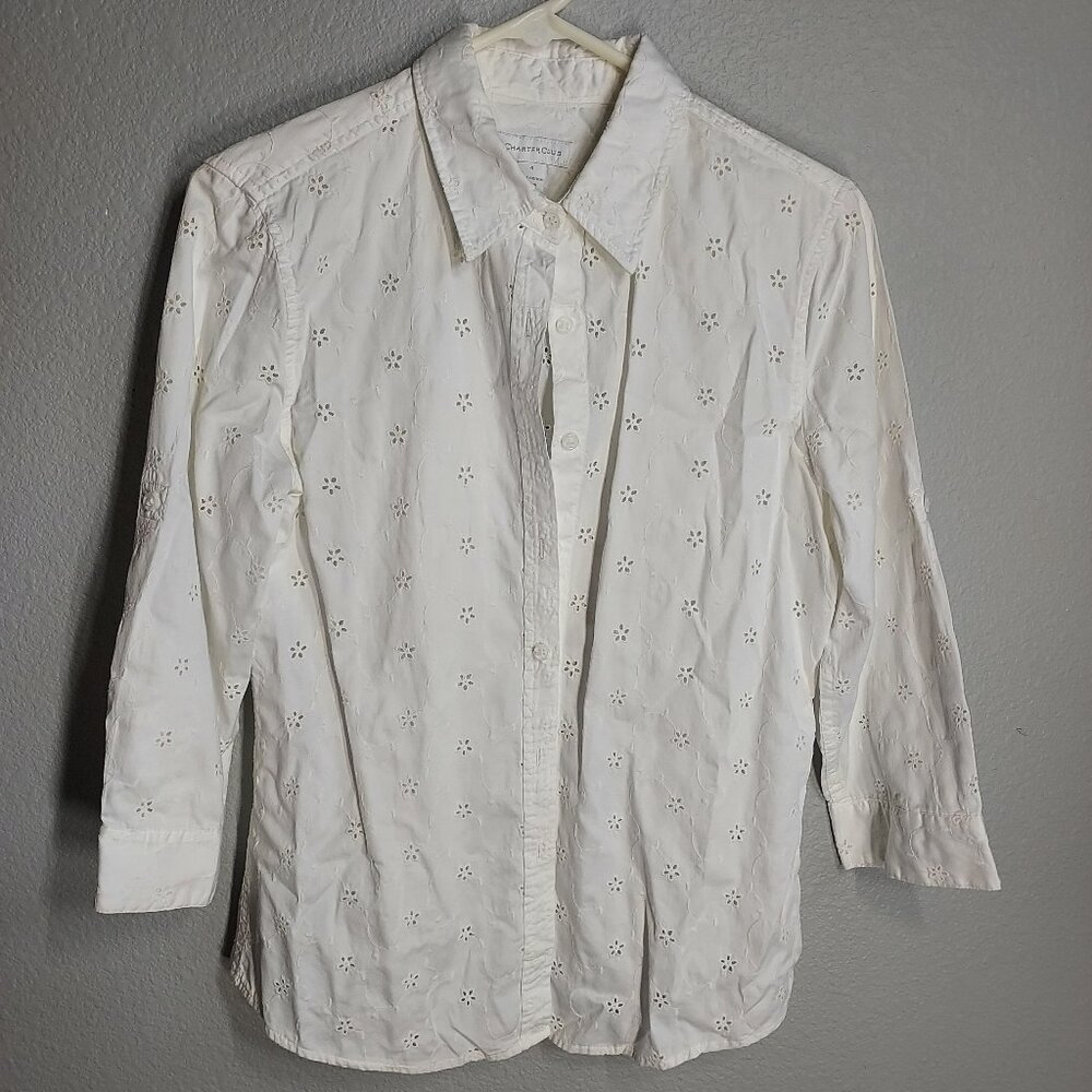 Charter Club Eyelet Lace, Button Up, Long Sleeve Shirt - White - Size 4